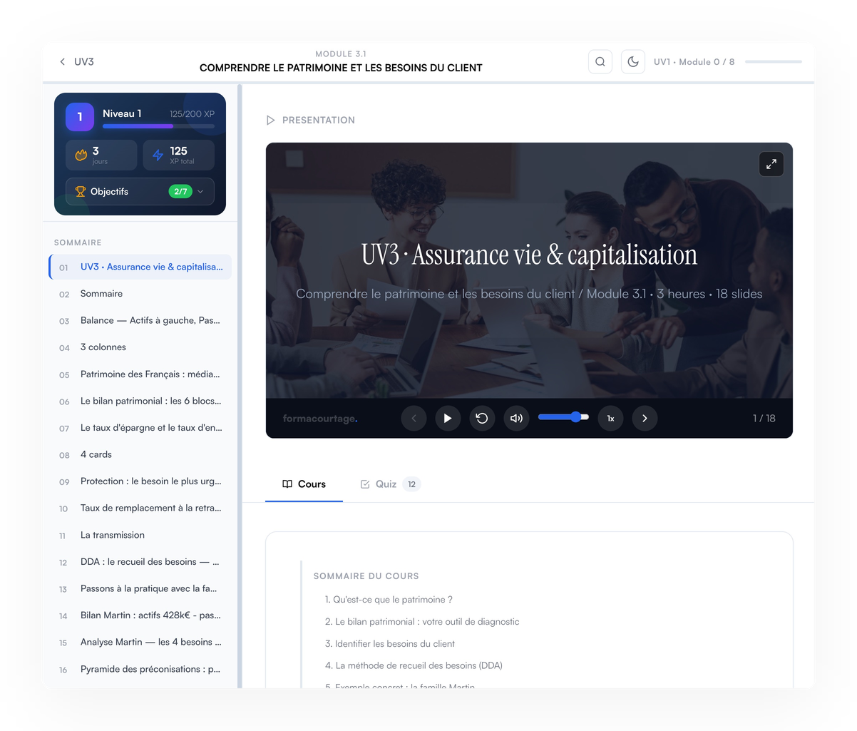 Module en cours de lecture avec slide interactive et sommaire latéral