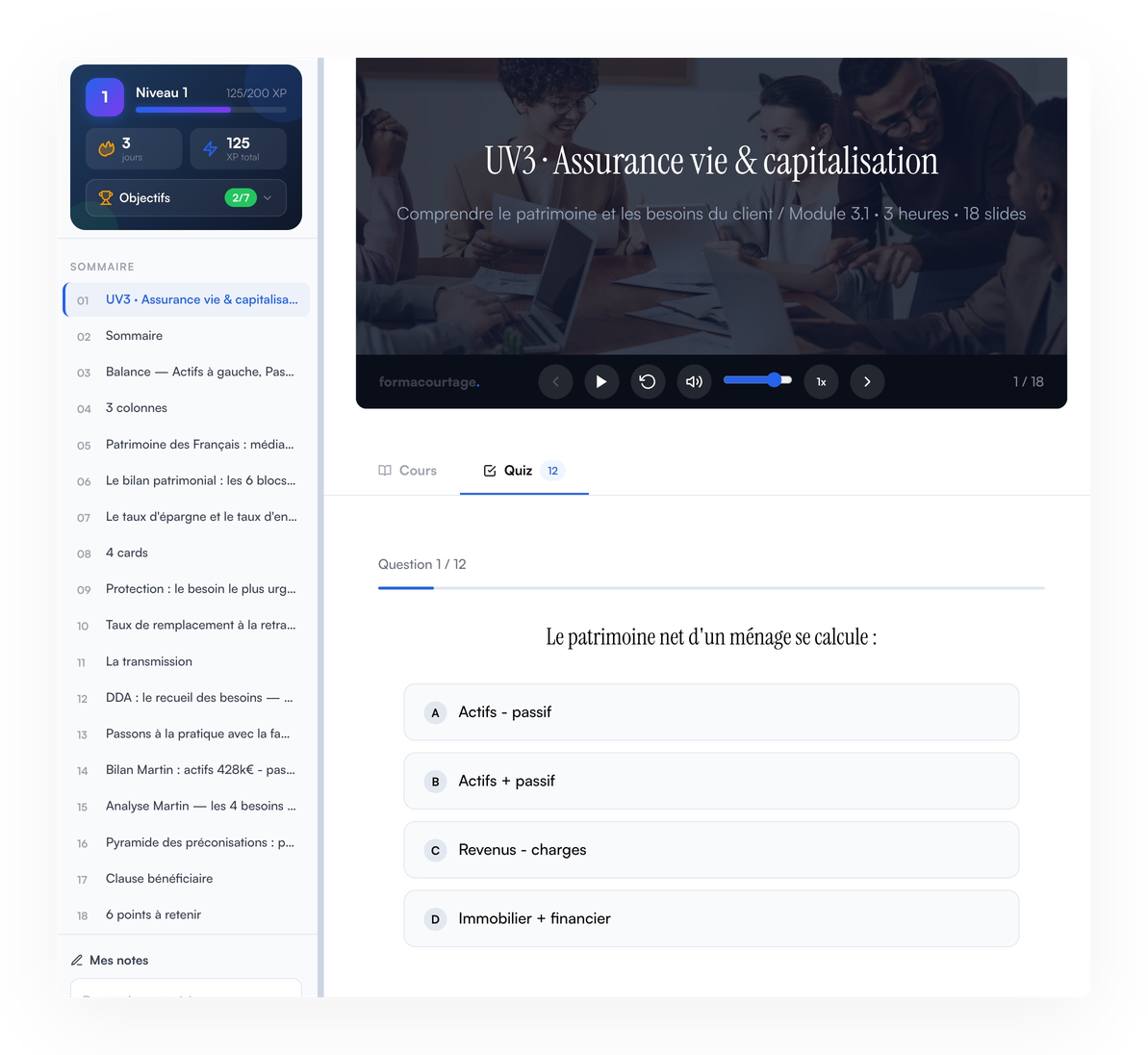Quiz interactif avec une question patrimoine et 4 réponses possibles