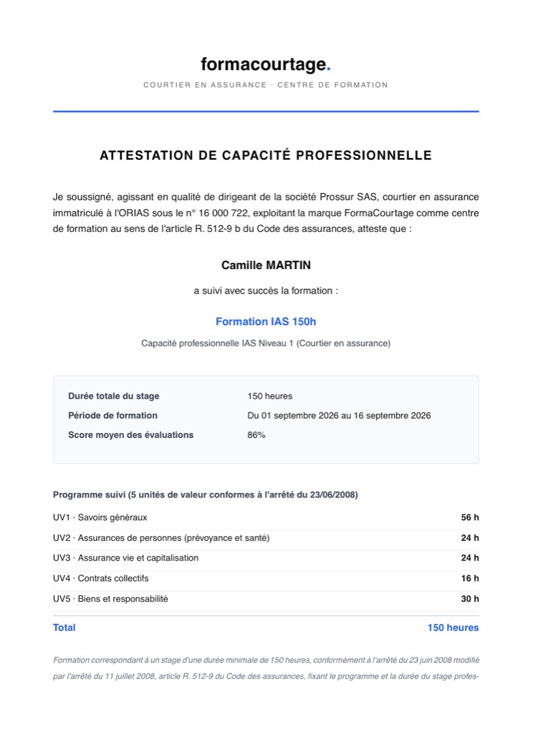 Spécimen de l'attestation de capacité professionnelle IAS