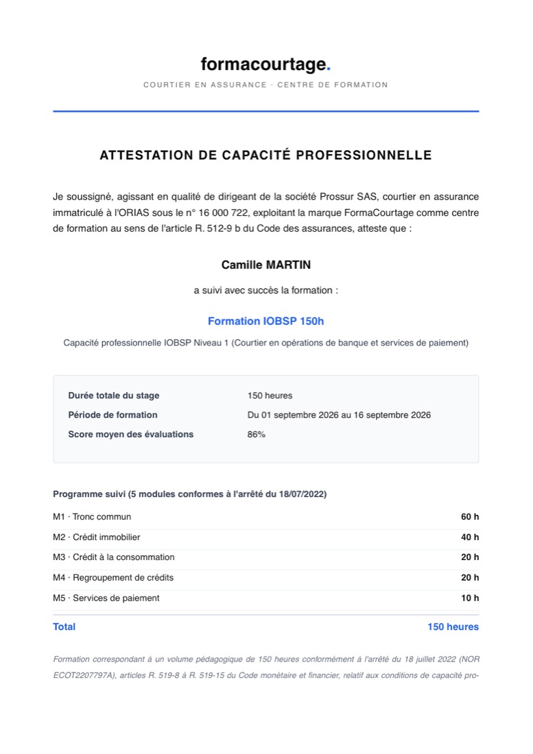 Spécimen de l'attestation de capacité professionnelle IOBSP